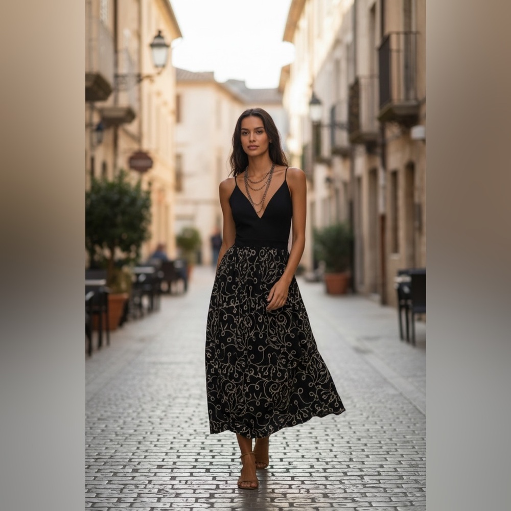 Maeve Anthropologie Strappy Eyelet Midi Flowy Dress Sz M Black Gold Metallic - Picture 4 of 8